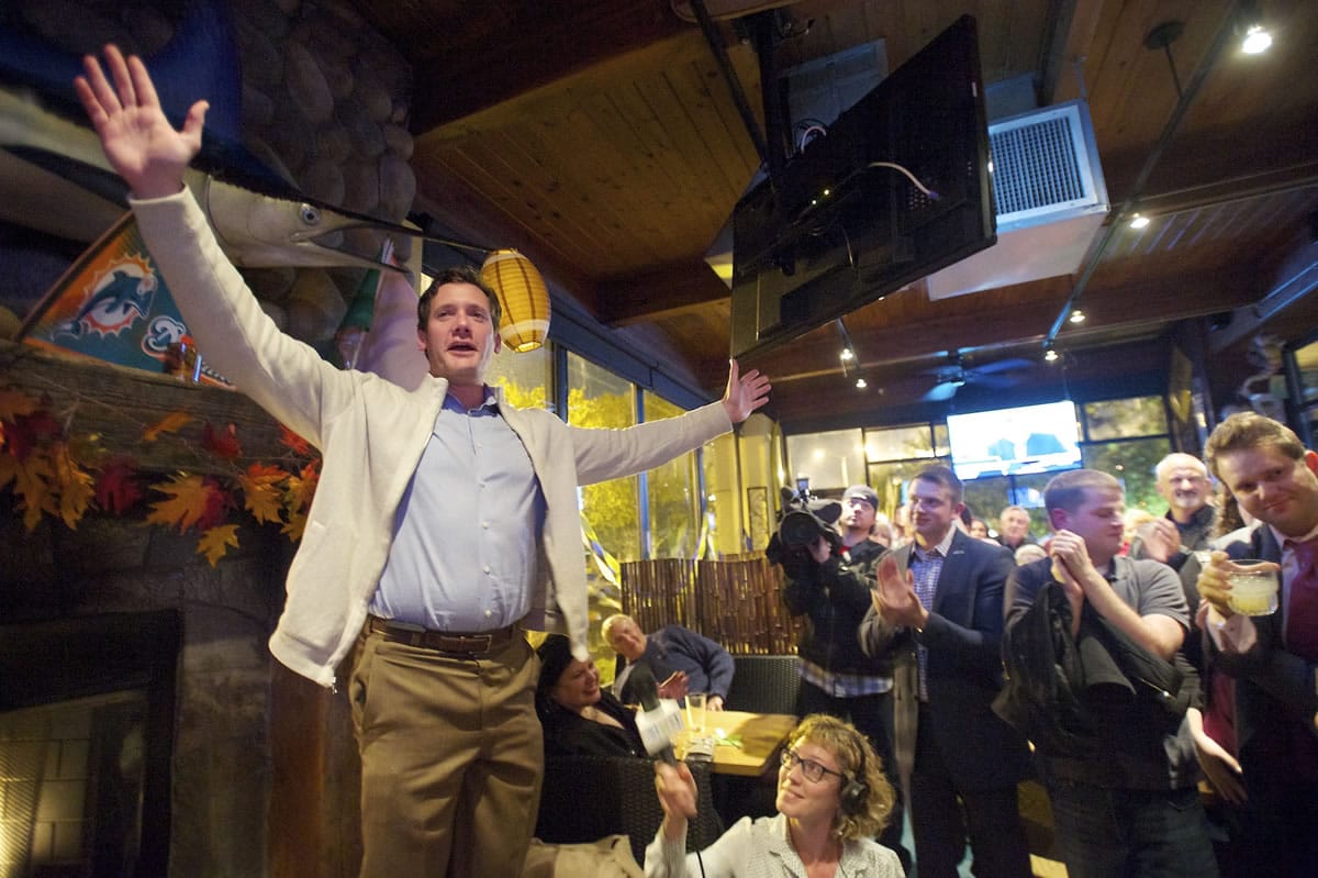 Vancouver Mayor Tim Leavitt thanks supporters after winning the mayors race at an election party Tuesday in Vancouver.