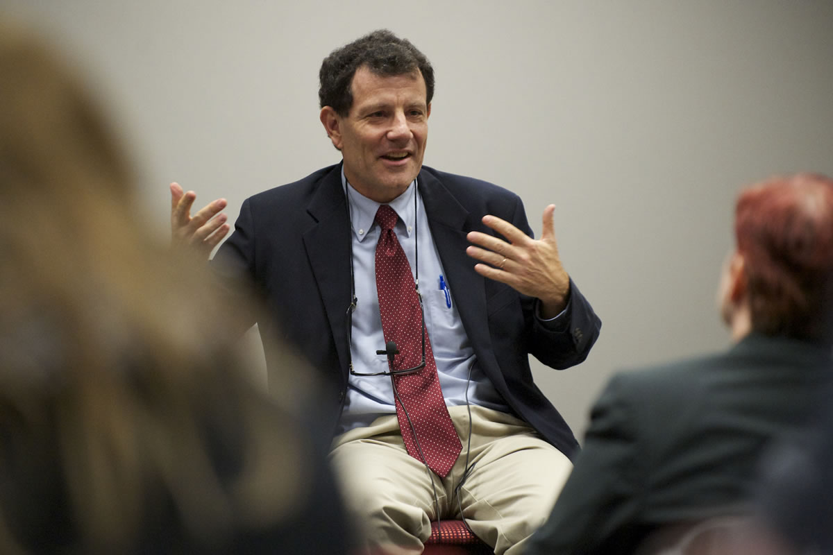 New York Times columnist and author Nicholas Kristof speaks to students during a question-and-answer session Monday at WSU Vancouver.
