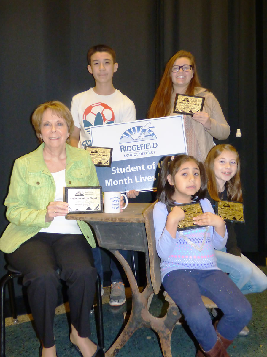Ridgefield: Ridgefield School District Employee of the Month Nancy Anderson, clockwise from left, shows her award, with Students of the Month Alexander Ashmore, Jenna Mayer, Olivia Fenton and Naomy Martinez.