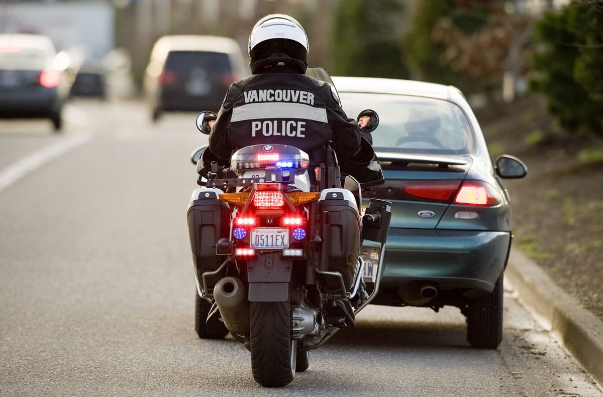 Vancouver police Officer John Davis makes a traffic stop for speeding on Northeast Vancouver Plaza Drive while he was on patrol in December of 2010.