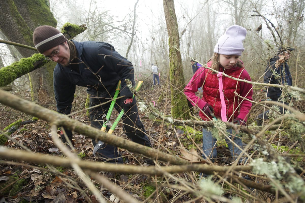Jack Dojan and his daughter Haley Dojan, 11, work to clear a new forest trail along the side of Vancouver Lake.