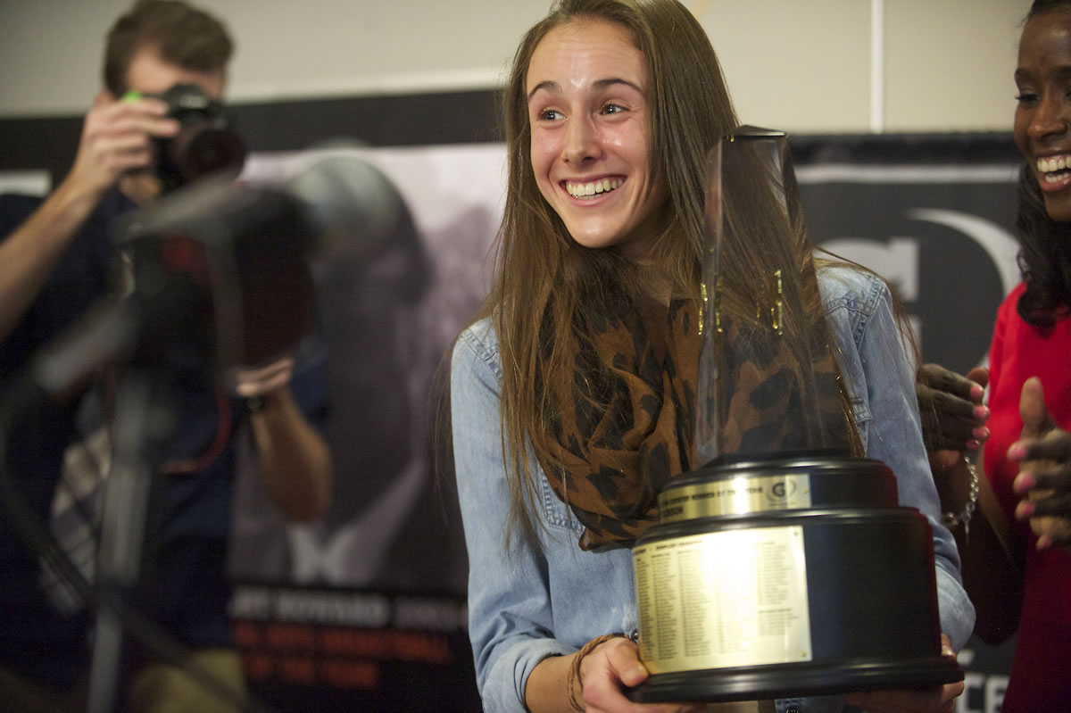 Camas High distance runner Alexa Efraimson attends a press conference after she was surprised in class being named the Gatorade high school national cross country runner of the year on Thursday February 27, 2014.