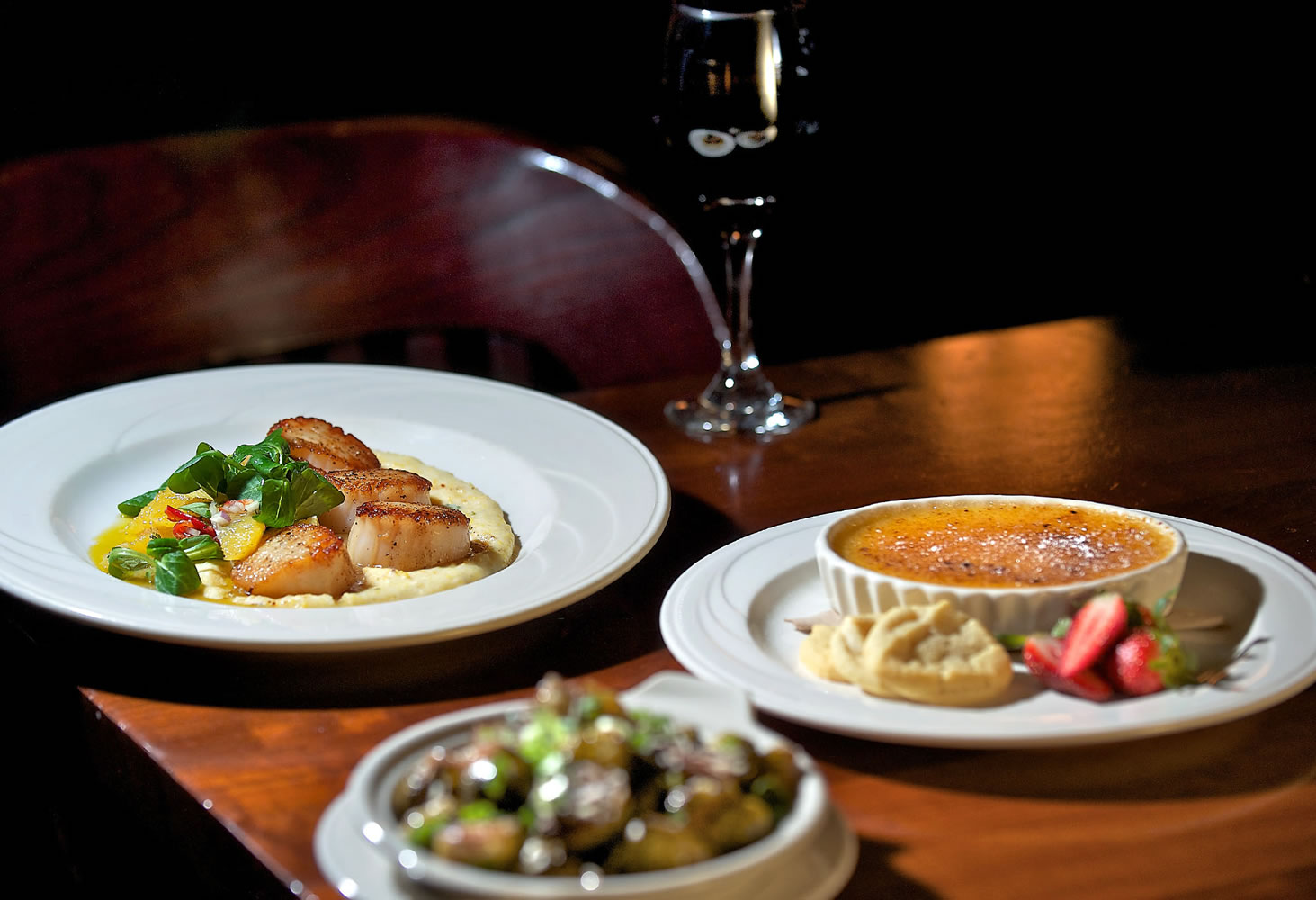 The Pan Seared Scallops are served on polenta, the Roasted Brussels Sprouts are maybe a tad overdone, and the Creme Brulee is scrumptious at Hudson's Bar &amp; Grill, inside the Heathman Lodge.