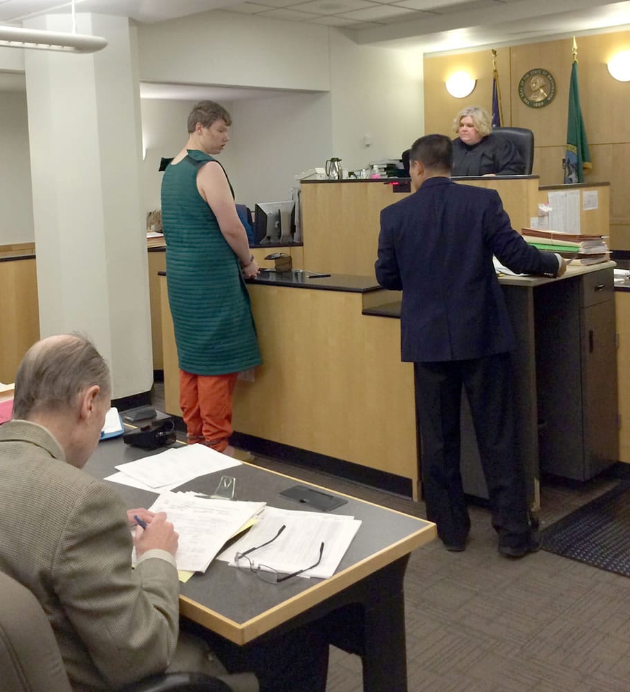 Luke Love, 19, appears today in Clark County Superior Court on suspicion of setting fire Monday to a bathroom in the Battle Ground library. Love was convicted of writing a bomb threat Feb.