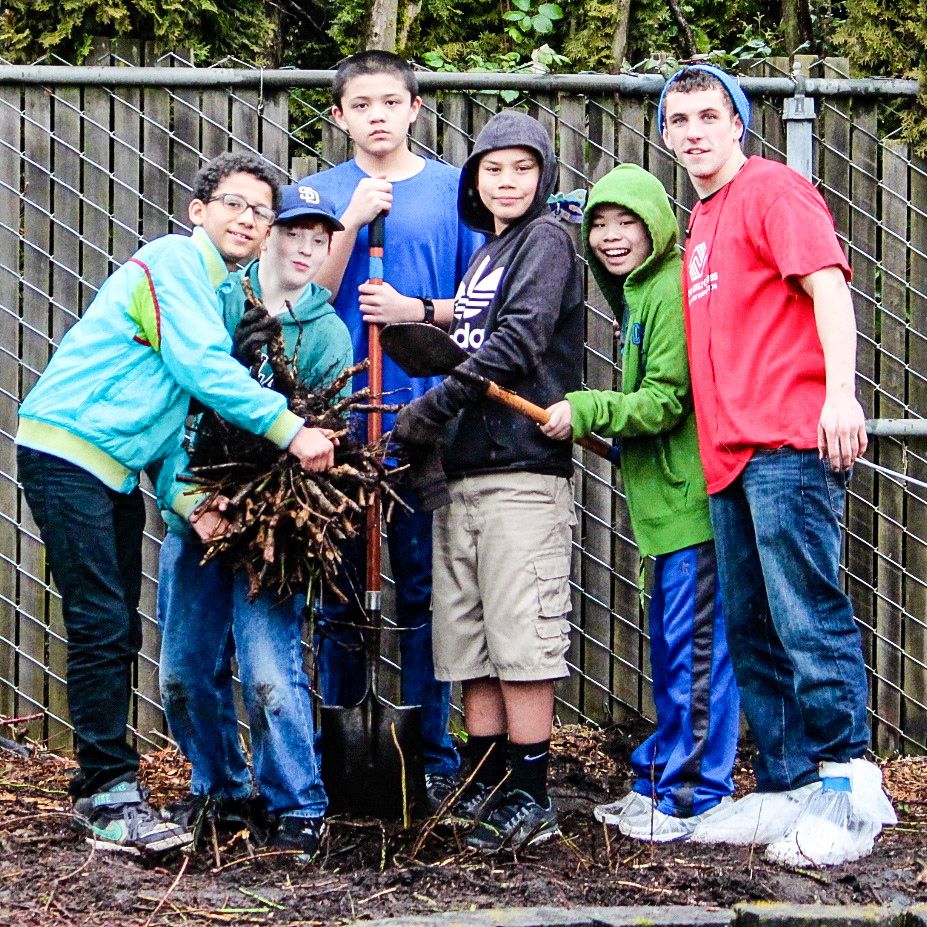 Hazel Dell: Kai Carterby-Keys, right, led Max Neideigh, from left, Nathan Cheh, Alex Hood, Jamie Evans and Justin Ly in removing a large Nootka rose shrub by the roots at a recent Boys &amp; Girls Club of Southwest Washington work party at the Hazel Dell Garden.