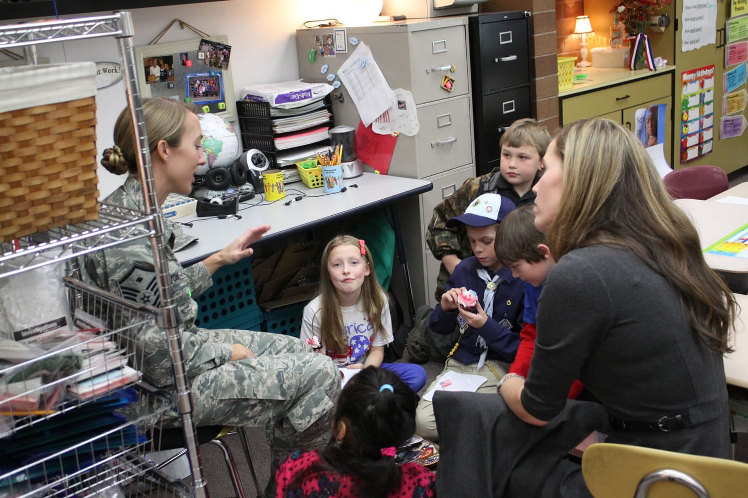 Woodland: During a Veterans Day visit to Melissa Sanders' third-grade class at Woodland Primary School, Master Sgt.