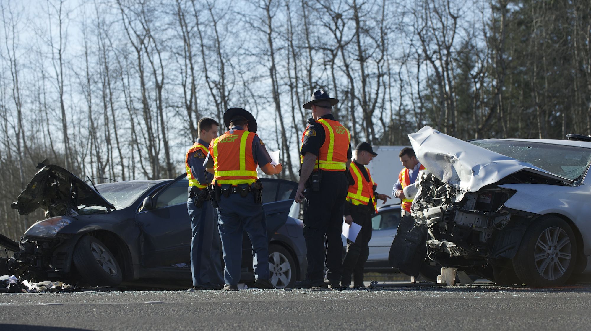 Emergency crews respond to a head on collision caused by a wrong way driver on I-5 north, south of the Battle Ground exit, Friday, February 28, 2014.