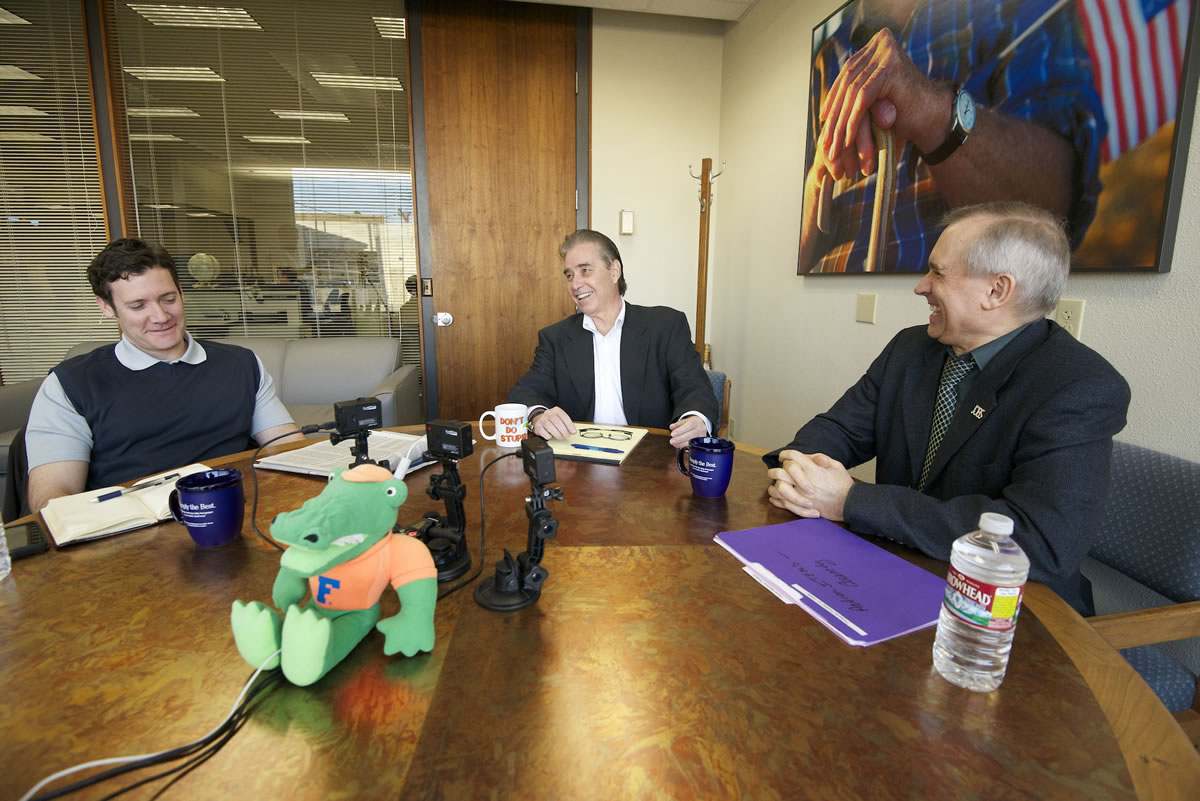 For the first time ever, Vancouver Mayor Tim Leavitt, left, and Clark County Commissioner David Madore, right, sat down over a cup of coffee to chat with Columbian Editor Lou Brancaccio.