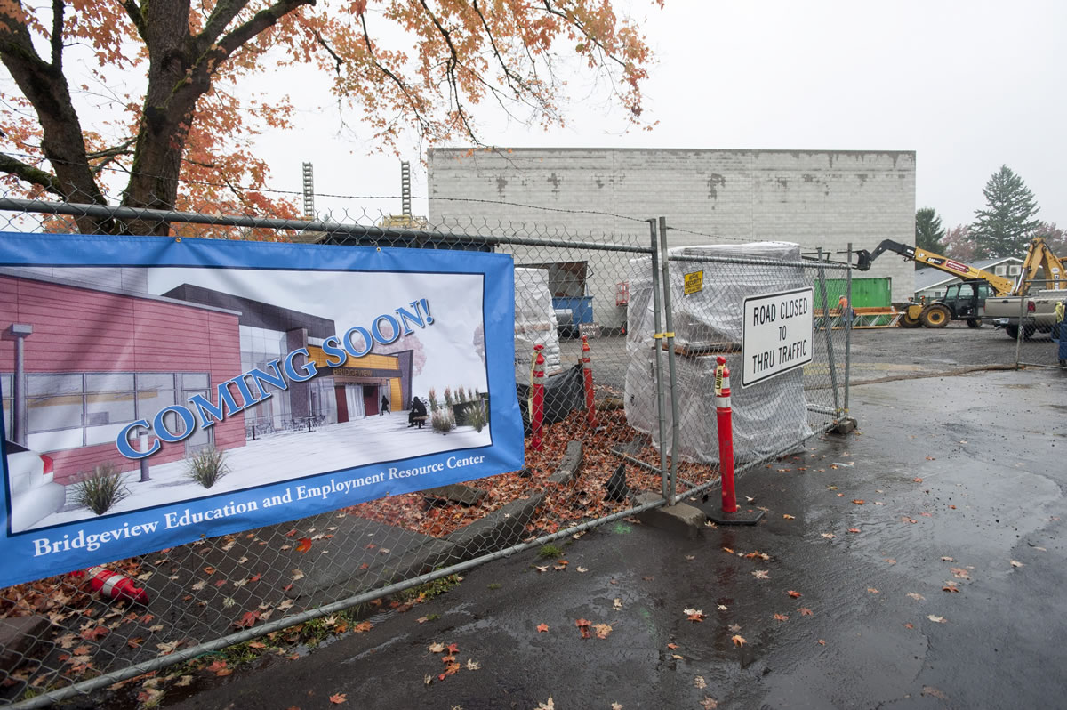 A sign announces the future Bridgeview Education and Employment Resource Center. The center will share a wall with the Boys &amp; Girls Club under construction inside the Skyline Crest community.