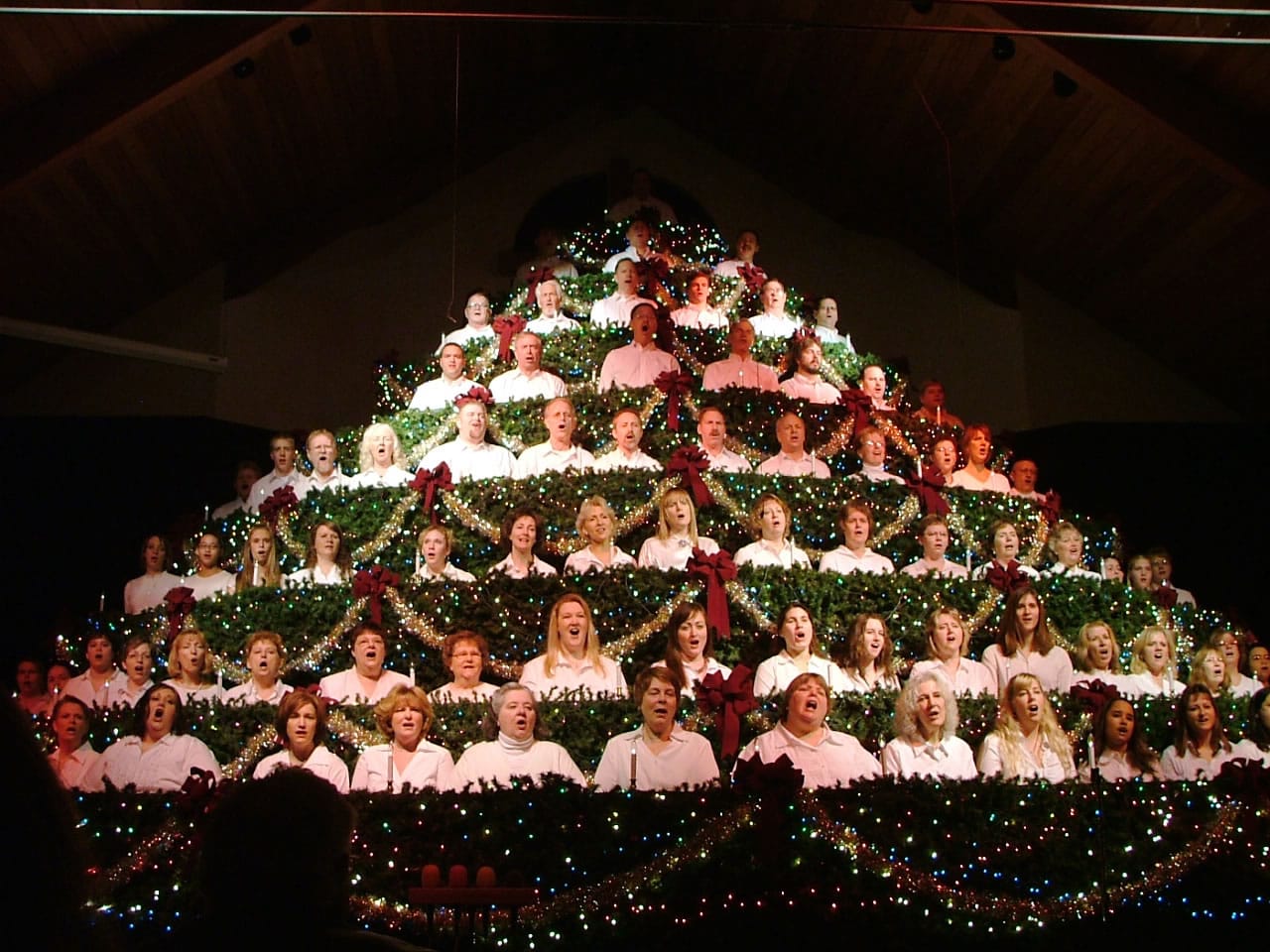 Choir members are nestled in the constructed tree like ornaments for the annual Singing Christmas Tree performances at the Ridgefield Church of the Nazarene.