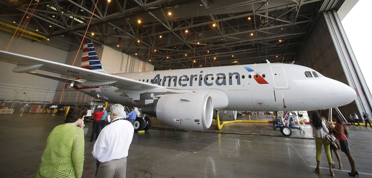 A new American Airlines Airbus A319 aircraft sits in a hanger at Dallas-Forth Worth International Airport in Grapevine, Texas.