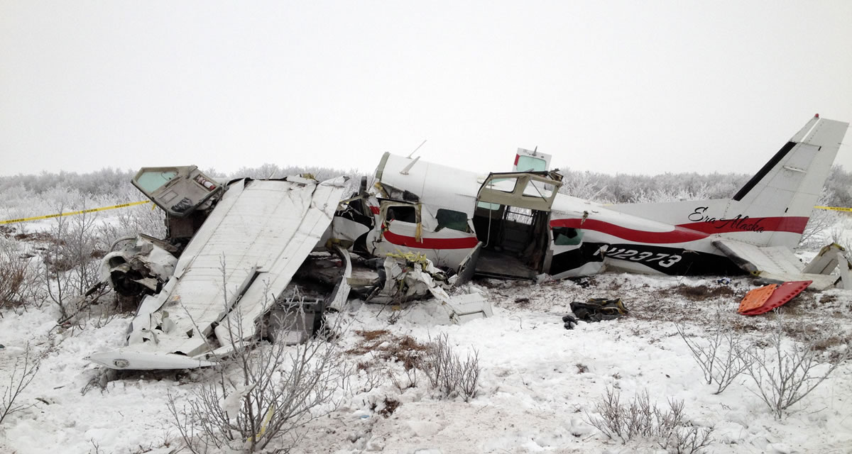 Alaska State Troopers
The wreckage of a plane that crashed Friday near St. Marys, Alaska, as seen Saturday. Authorities said the pilot and three passengers died in the crash of the single-engine turboprop Cessna 208. Few other details are known.