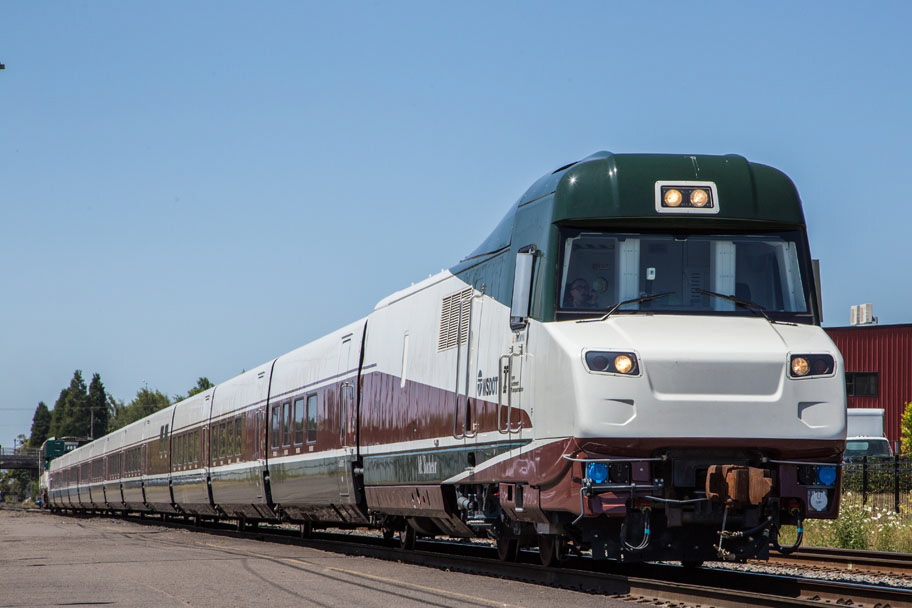 The snub-nosed Mount Bachelor is one of two state-of-the-art Talgo 8 trains purchased by the Oregon Department of Transportation to improve Amtrak daily rail service between Portland and Eugene, Ore.