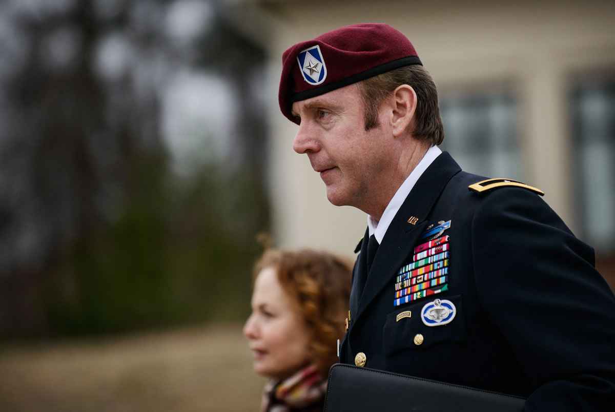 Brig. Gen. Jeffrey Sinclair leaves the courthouse following a day of motions at Fort Bragg, N.C.