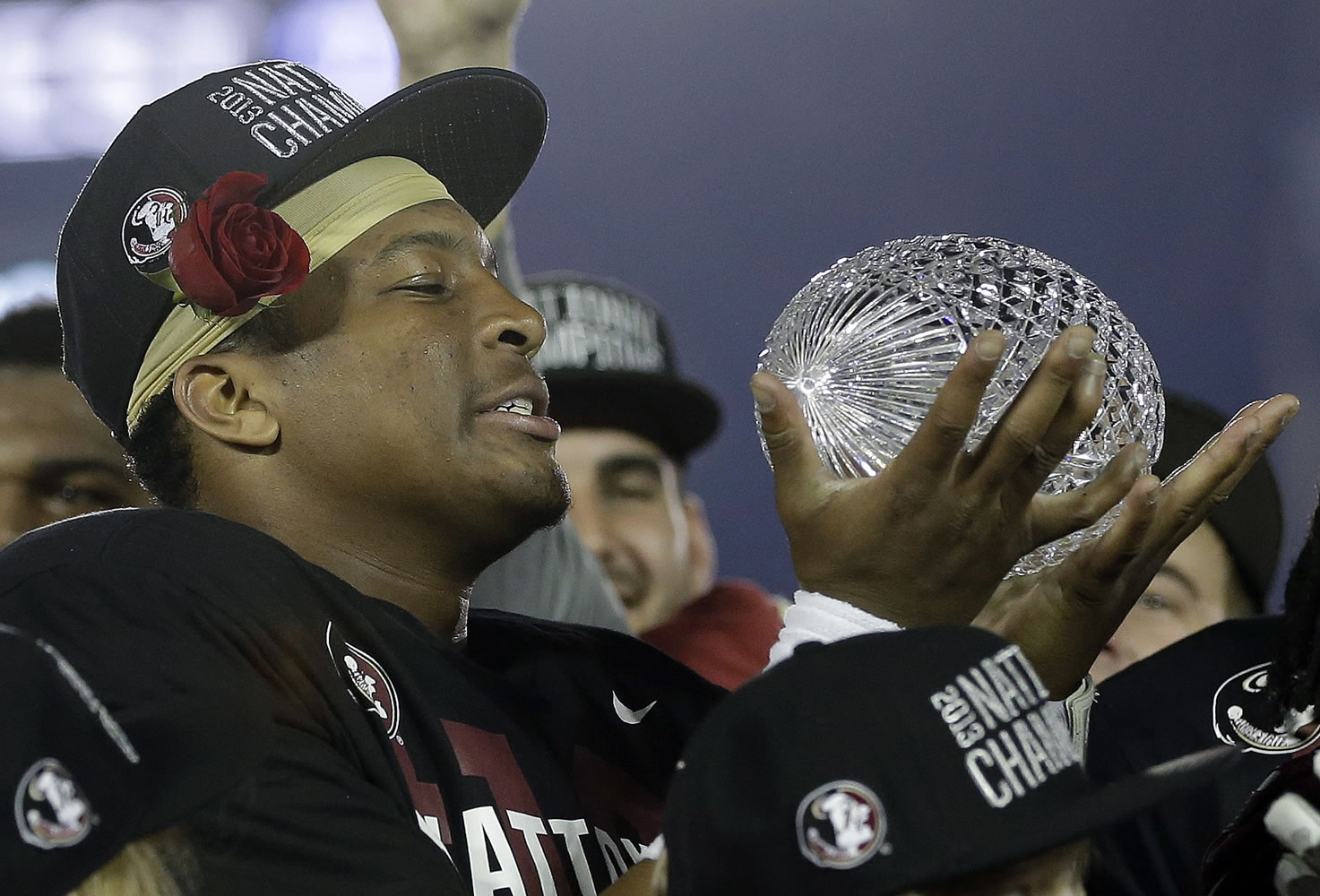 Florida State's Jameis Winston with The Coaches' Trophy after beating Auburn 34-31 for the NCAA BCS National Championship. (AP Photo/David J.