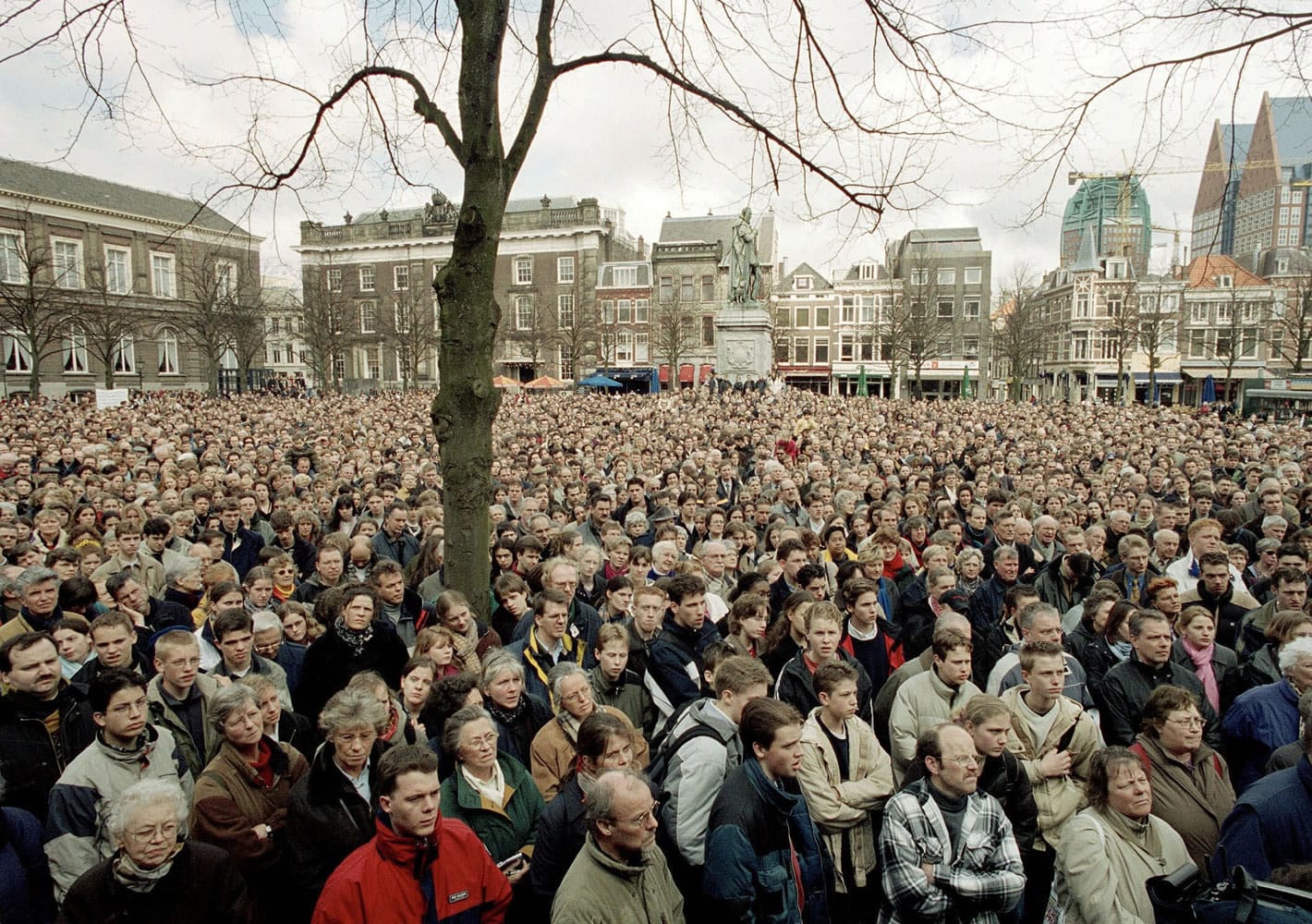 housands of protesters demonstrate outside Dutch government buildings at The Hague, Netherlands, as the Upper House of Parliament voted to legalize euthanasia April 10, 2001.