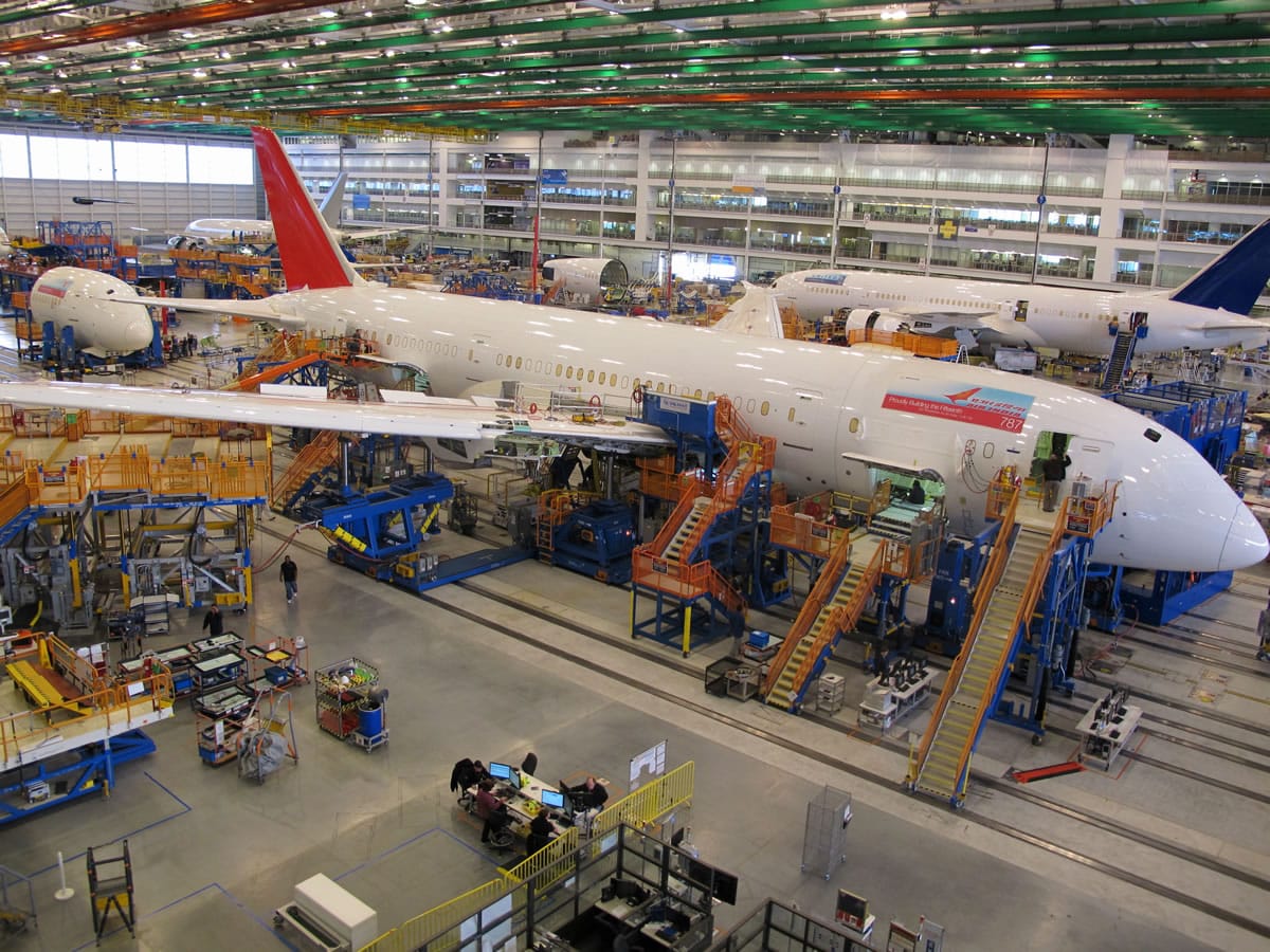 Workers assemble Boeing 787 Dreamliners in the company's massive assembly plant in North Charleston, S.C., on Dec.