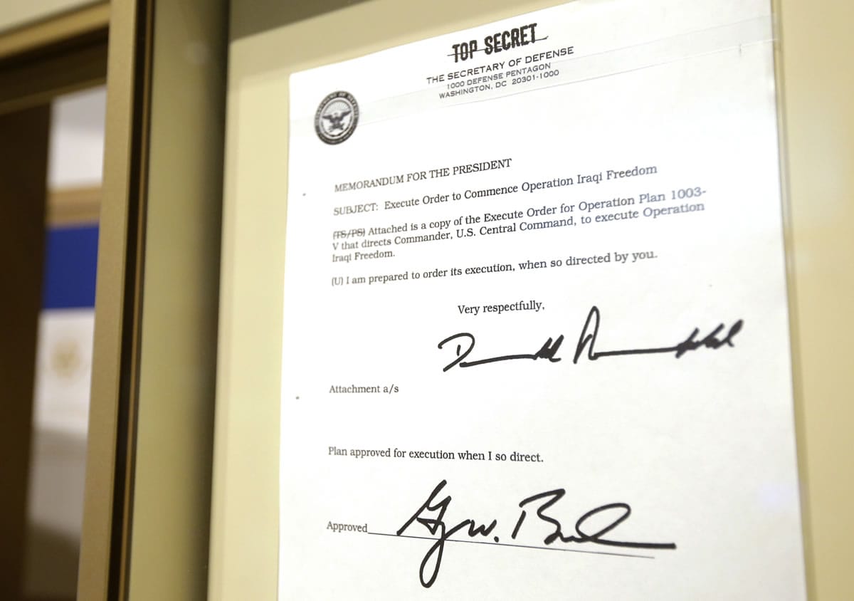 The Top Secret executive order commencing operation Iraqi Freedom signed by former President George W.