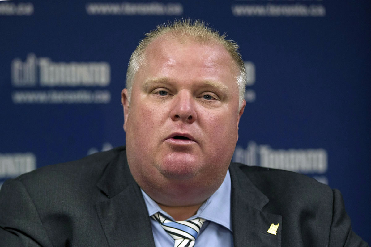 Toronto Mayor Rob Ford speaks at a news conference to address the media at city hall in Toronto in June.