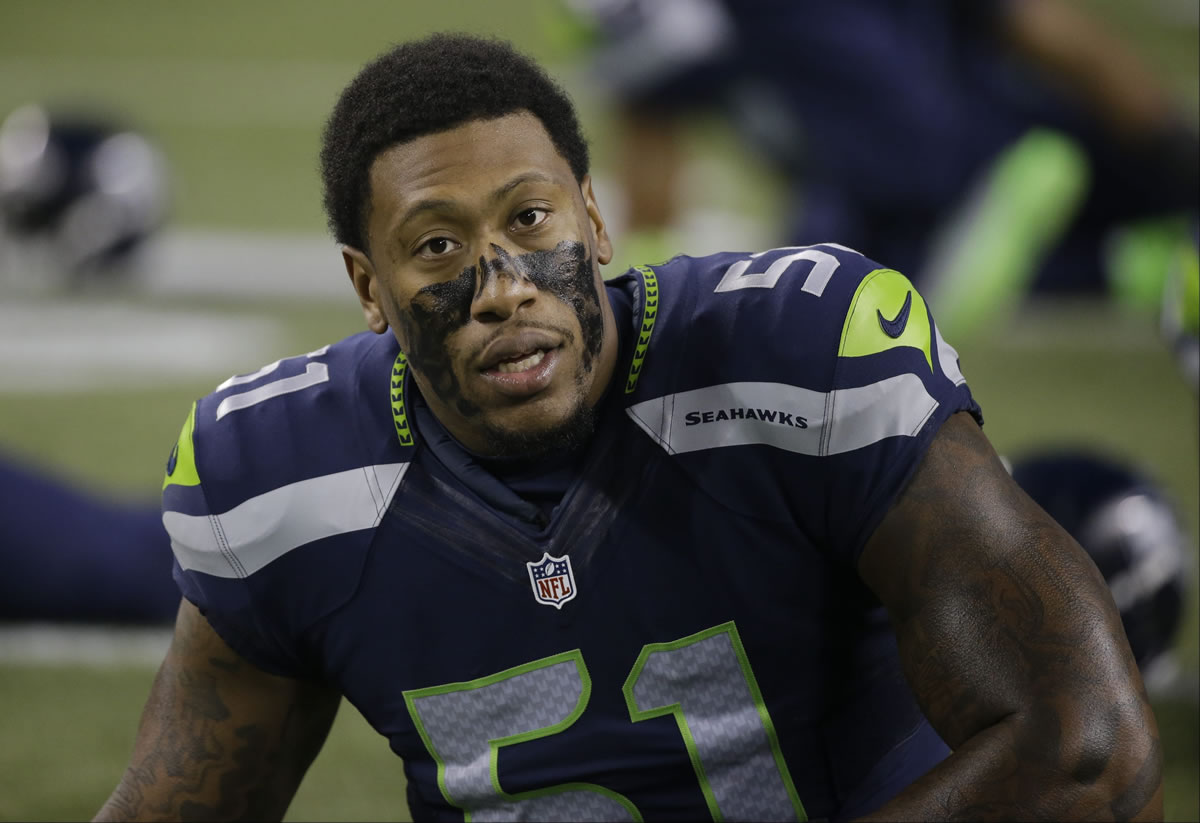 Seattle Seahawks outside linebacker Bruce Irvin before an NFL football game against the Arizona Cardinals, Sunday, Nov. 15, 2015, in Seattle.