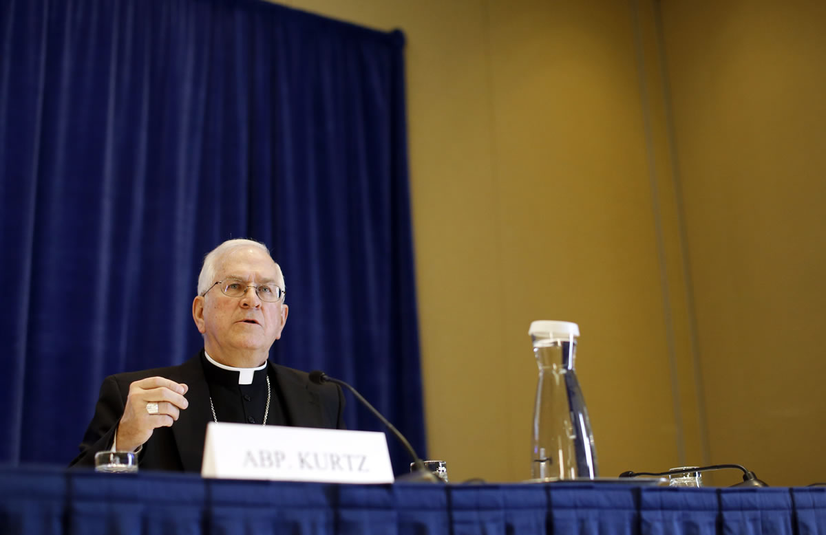 Archbishop Joseph Kurtz, of Louisville, Ky., president of the United States Conference of Catholic Bishops, speaks at a news conference during the USCCB&#039;s annual fall meeting, Monday, Nov. 16, 2015, in Baltimore.