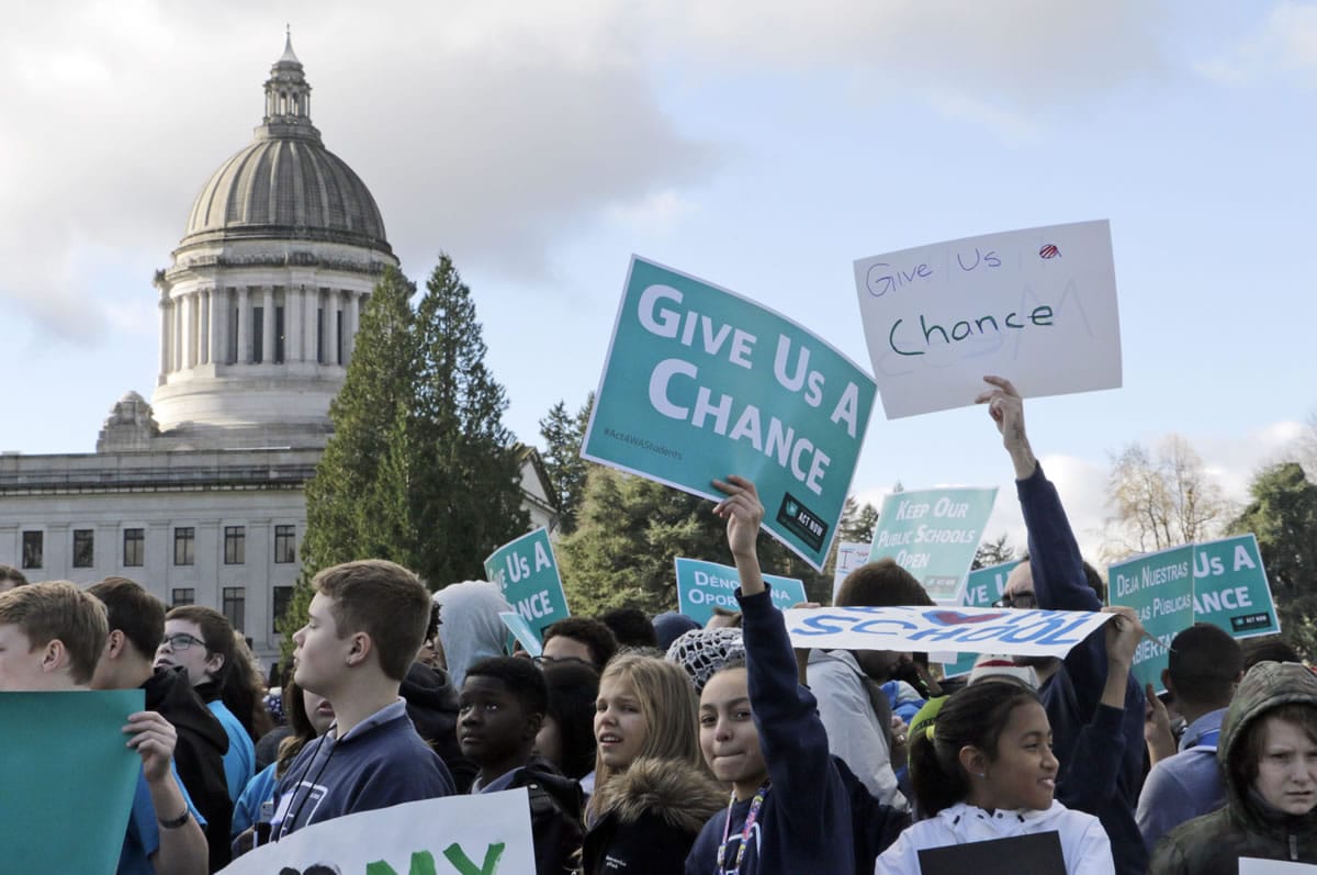 Students and other advocates of charter schools rally at the Capitol in Olympia, Wash., on Thursday, Nov. 19, 2015.
