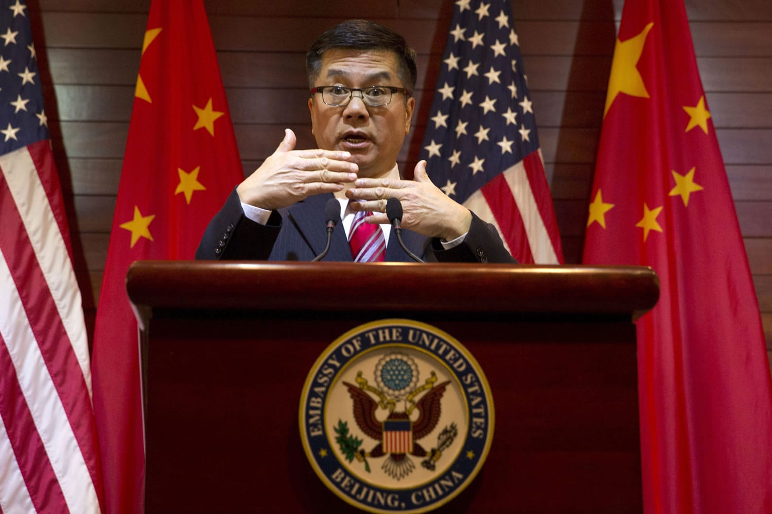 Gary Locke, outgoing U.S. ambassador to China, speaks during a farewell press conference held at the U.S.