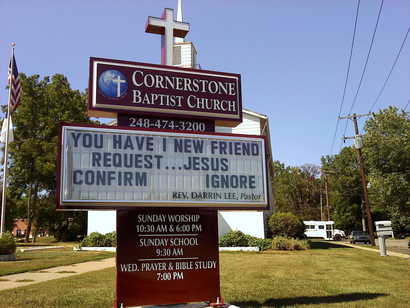 The sign outside Cornerstone Baptist Church displays its message to drivers in Farmington Hills, Mich.
