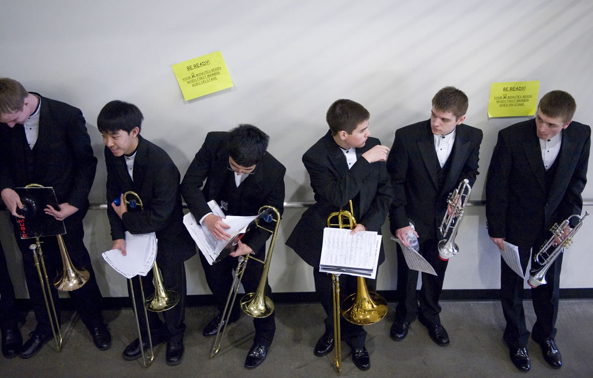 Mountain View High jazz band members line up backstage before their performance at the Clark College Jazz Festival in 2009.