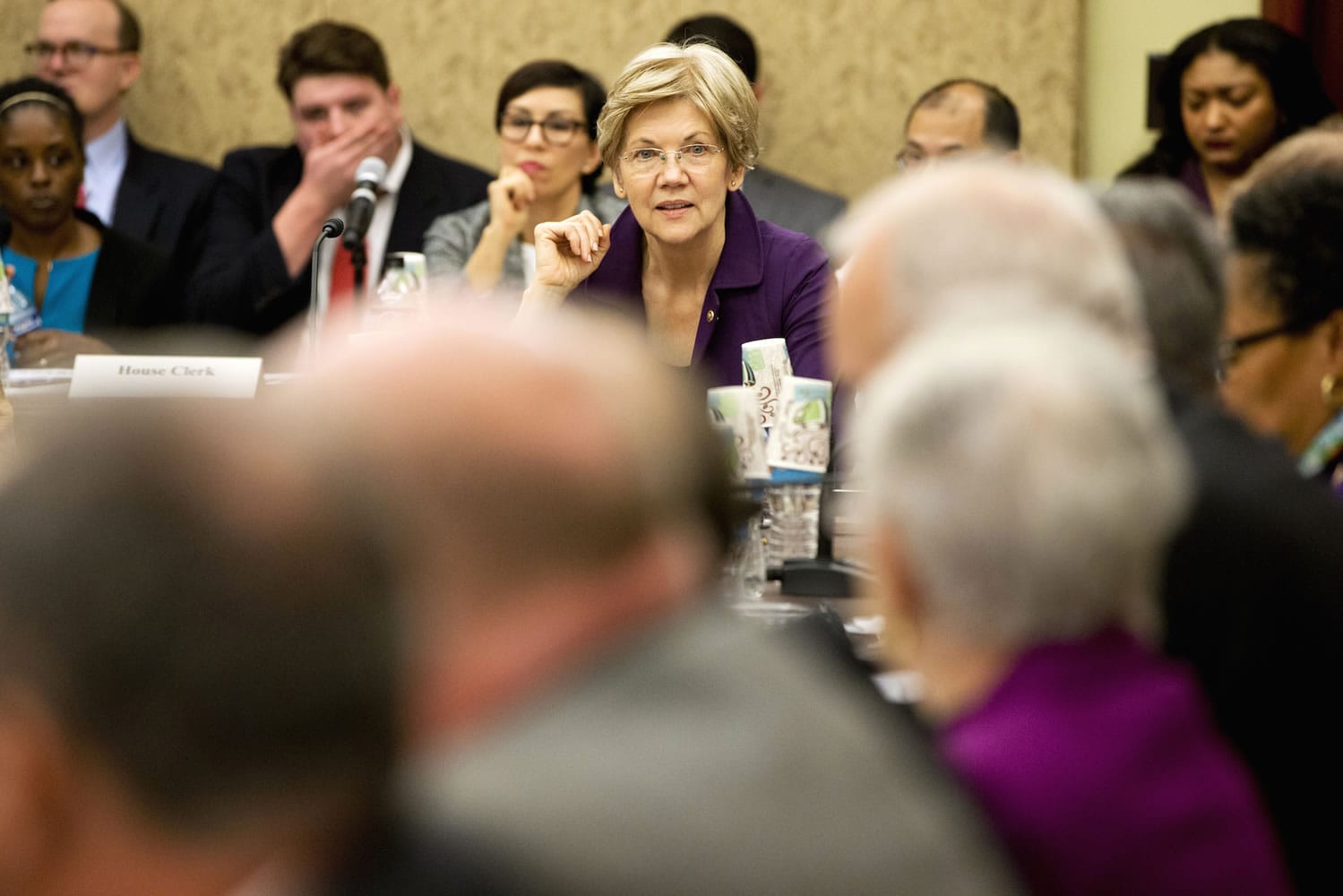 Sen. Elizabeth Warren, D-Mass., listens as House Education and the Workforce Committee Chairman Rep. John Kline, R-Minn., makes opening remarks on Capitol Hill in Washington, Wednesday, Nov. 18, 2015, as House and Senate negotiators try to resolve competing versions of a rewrite to the No Child Left Behind education law.