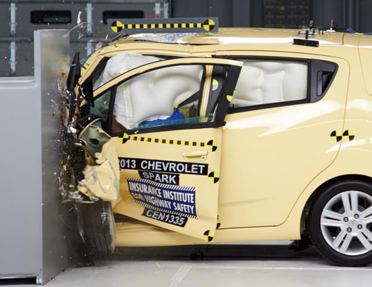 Insurance Institute for Highway Safety
A Chevrolet Spark is subjected to a crash test. The Spark is the only minicar tested to earn an acceptable rating in the small overlap front test.