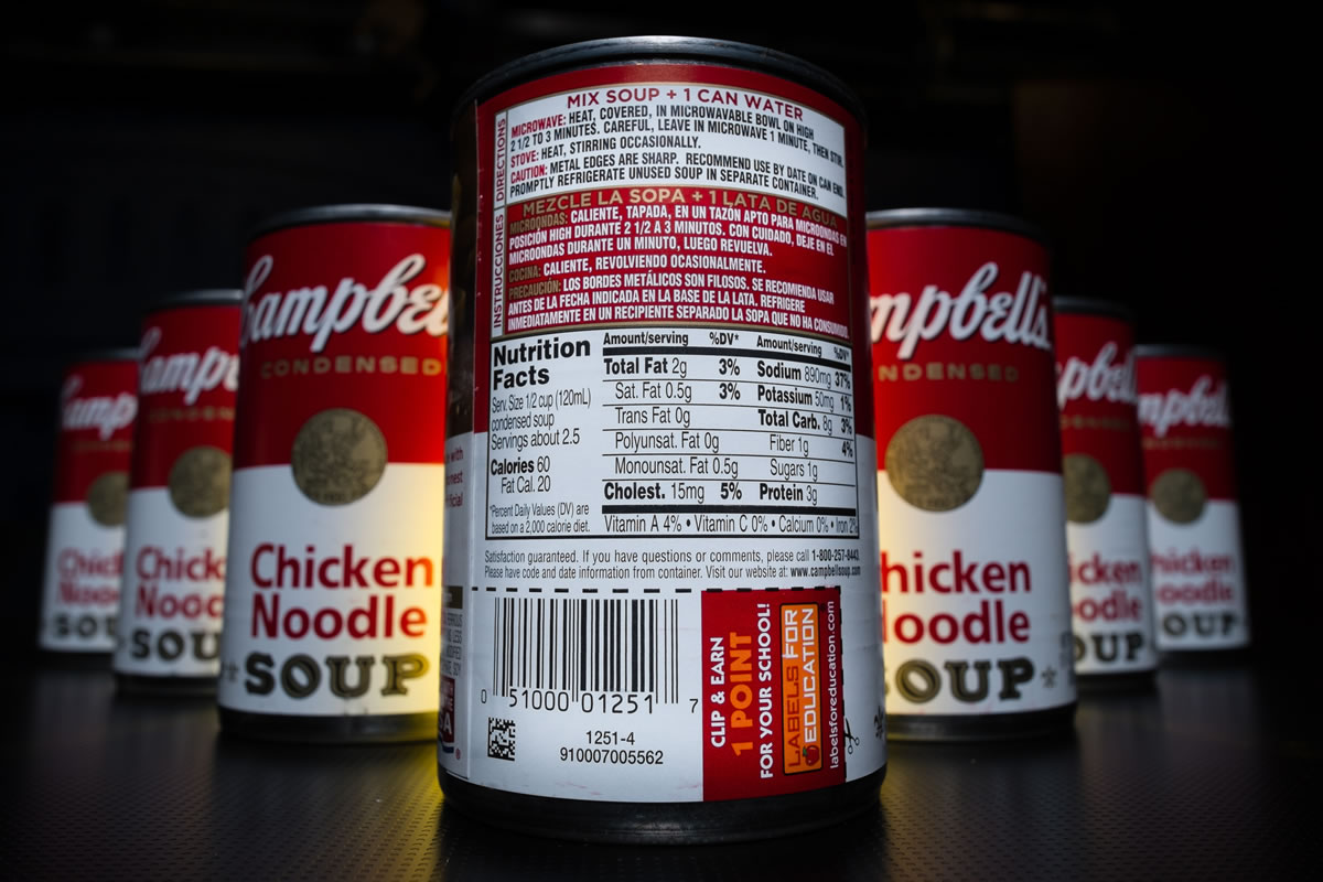 The nutrition information is shown on the back of a Campbell's Chicken Noodle soup can.