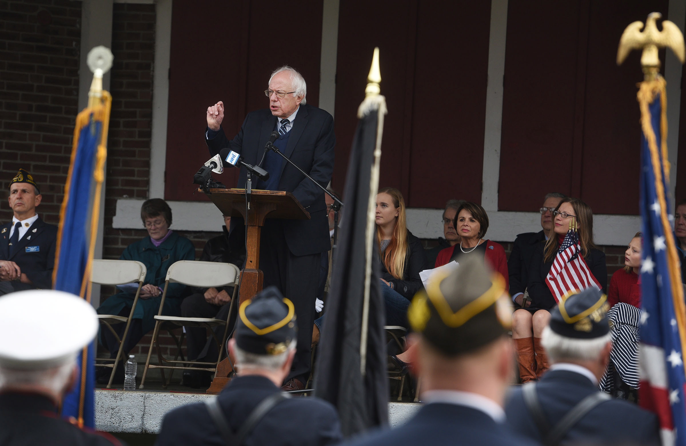 Democratic presidential candidate, Sen. Bernie Sanders, I-Vt. , speaks about the need to honor veterans throughout their lifetime during the annual Veterans Day ceremony at Colburn Park in Lebanon, N.H., Wednesday.