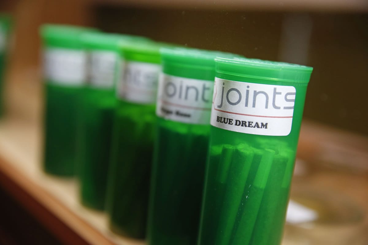 Different strains of marijuana are displayed for sale at The Clinic in Denver.