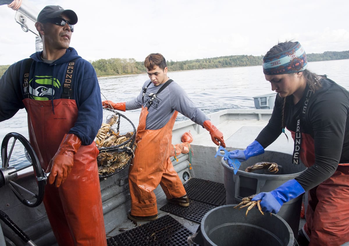 Lummi fisherman Jay Julius steers his boat as his cousin Austin Brockie, center, and daughter Teja Julius sort through fresh-caught crab during a one-day crabbing season Sept. 15 near Cherry Point. For most Washington residents, fishing is a privilege granted by the state government, said Jay Julius, a Lummi member who sits on the tribe&#039;s council.