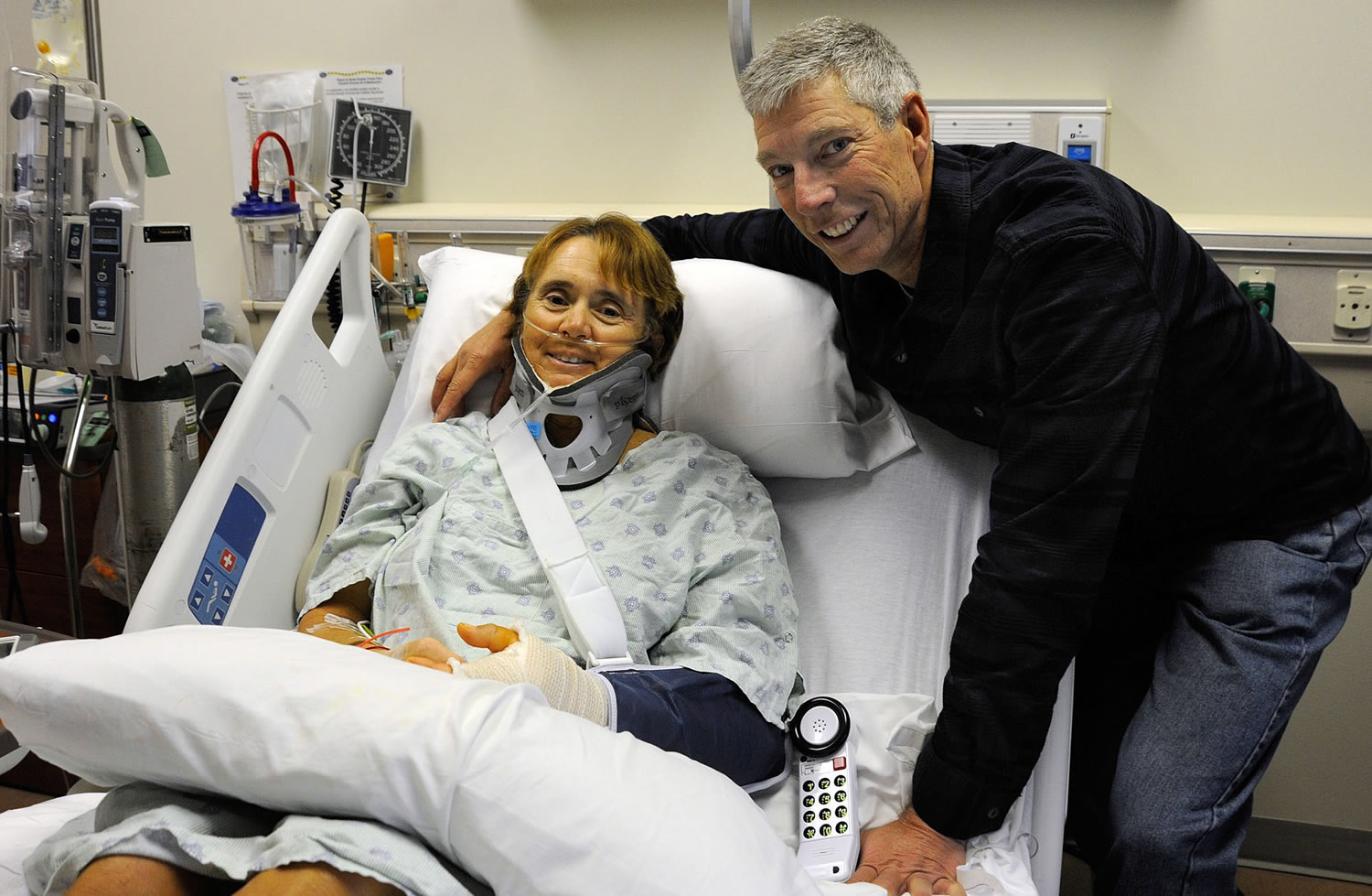 Cindy and Stephen Weber of Mount Vernon in her hospital room in Odessa, Texas. During their cross-country bicycle ride, Cindy was struck Jan. 17 on Highway 90 near Marathon, Texas, by a pickup pulling a horse trailer.