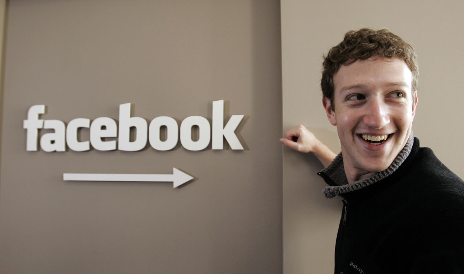 Facebook.com founder Mark Zuckerberg smiling at Facebook headquarters in Palo Alto, Calif.
