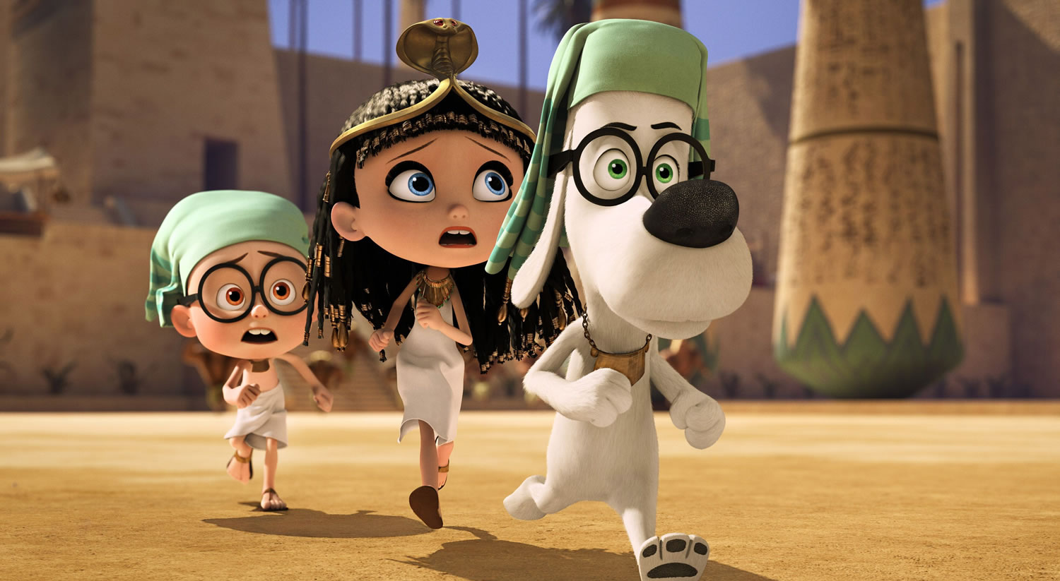 Sherman, voiced by Max Charles, from left, Penny, voiced by Ariel Winter, and Mr. Peabody, voiced by Ty Burell, run &quot;Mr.