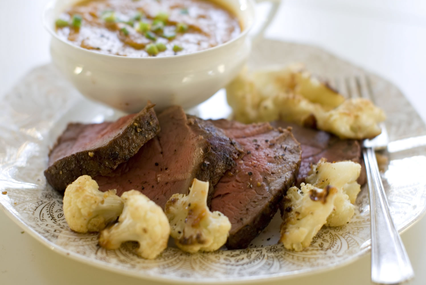 Spiced Carrot Soup and Peppered Filet Roasted With Parmesan Roasted Cauliflower