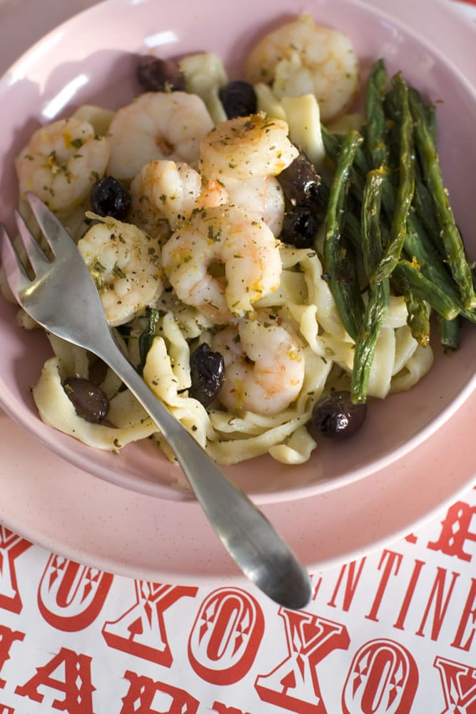 Honey peppered roasted shrimp with green beans and olives adds another touch of sweetness to Valentine's Day.
