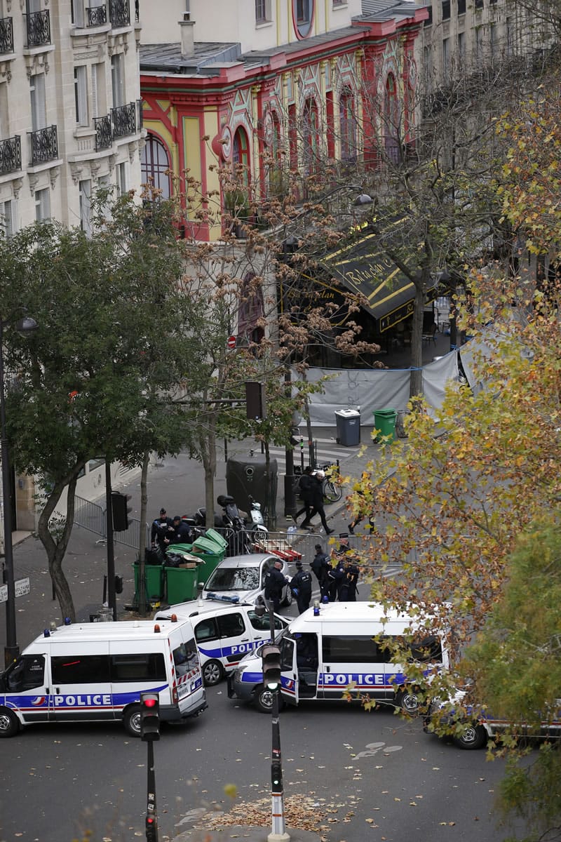 Police block access outside the Bataclan concert hall, Saturday, Nov. 14, 2015 in Paris. French President Francois Hollande said more than 120 people died Friday night in shootings at Paris cafes, suicide bombings near France&#039;s national stadium and a hostage-taking slaughter inside a concert hall.