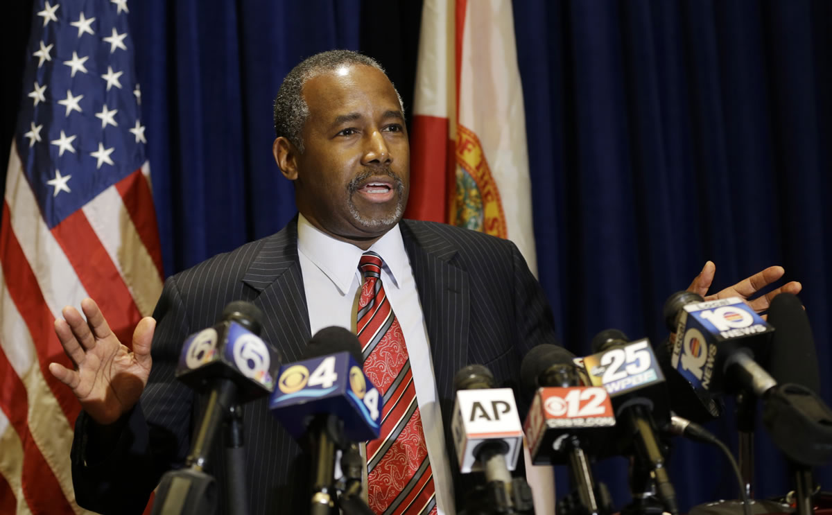Republican presidential candidate Ben Carson speaks during a news conference before attending a Black Republican Caucus of South Florida event benefiting the group&#039;s scholarship fund in Palm Beach Gardens, Fla. The retired neurosurgeon said on several Sunday, Nov. 8, talk shows that he is being scrutinized more closely than any other presidential candidate.