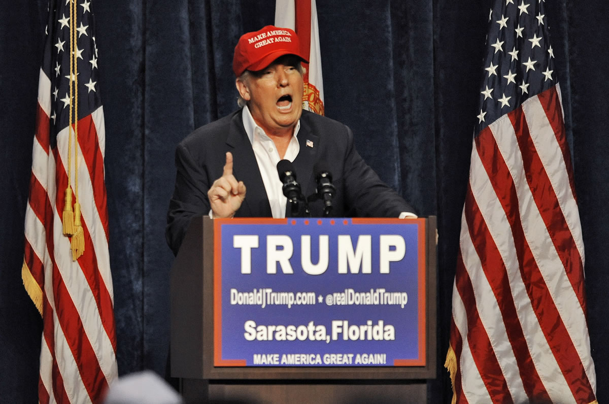 Republican presidential candidate Donald Trump speaks to supporters at a campaign rally Saturday, Nov. 28, 2015 at Robarts Arena in Sarasota, Fla.  Trump bragged about his high standing in the polls, slammed super PACS as "a scam" and dismissed nomination rivals Marco Rubio and Jeb Bush in a campaign stop Saturday in their home state of Florida.