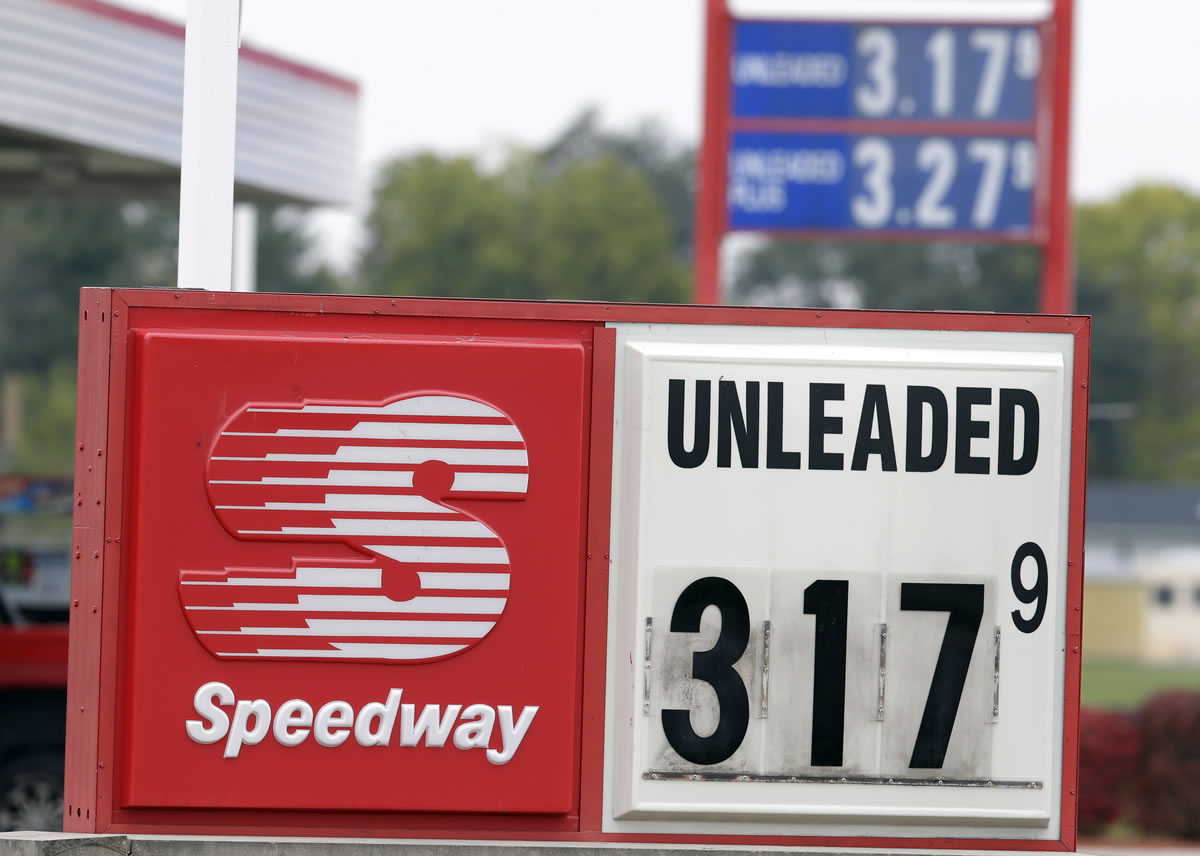 Gas prices dropped to $3.17 Thursday at a Speedway station in Kokomo, Ind.