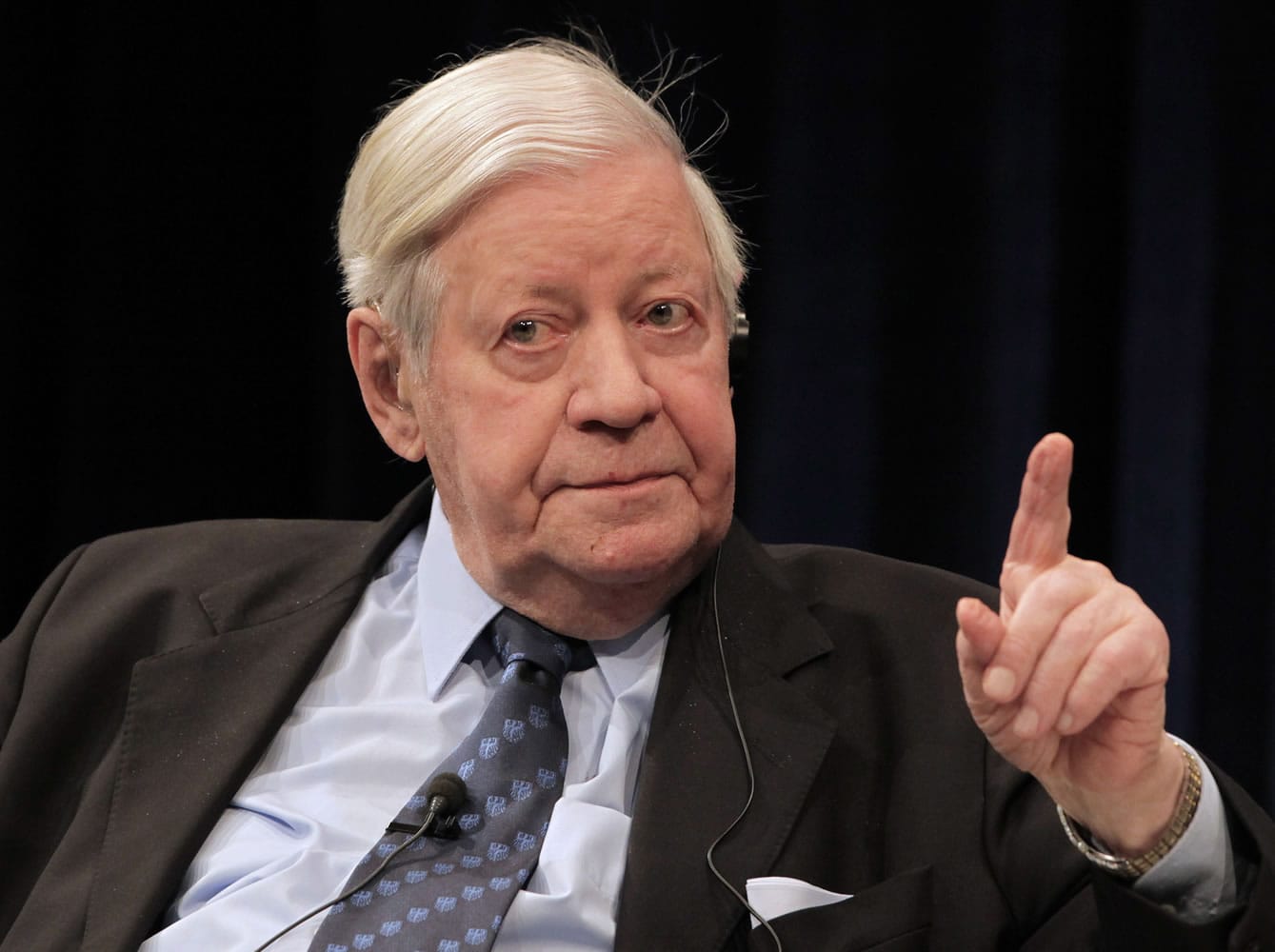 Former German Chancellor Helmut Schmidt makes a gesture during a 2009 discussion hosted by the ECB in Frankfurt, central Germany. Helmut Schmidt died Nov. 10, 2015. He was 96.