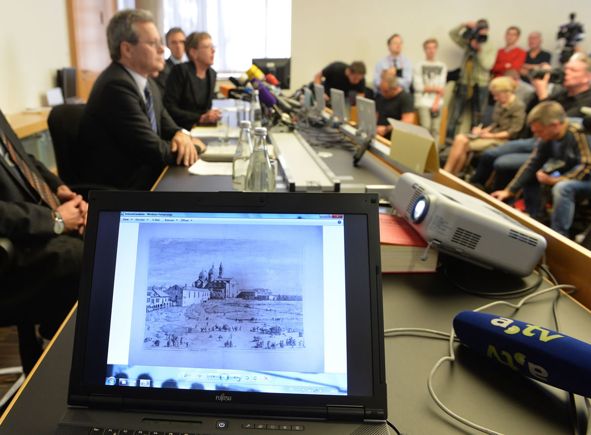 Artwork by Antonio Canaletto is shown on a computer screen during a news conference in Augsburg, southern Germany, on Tuesday.