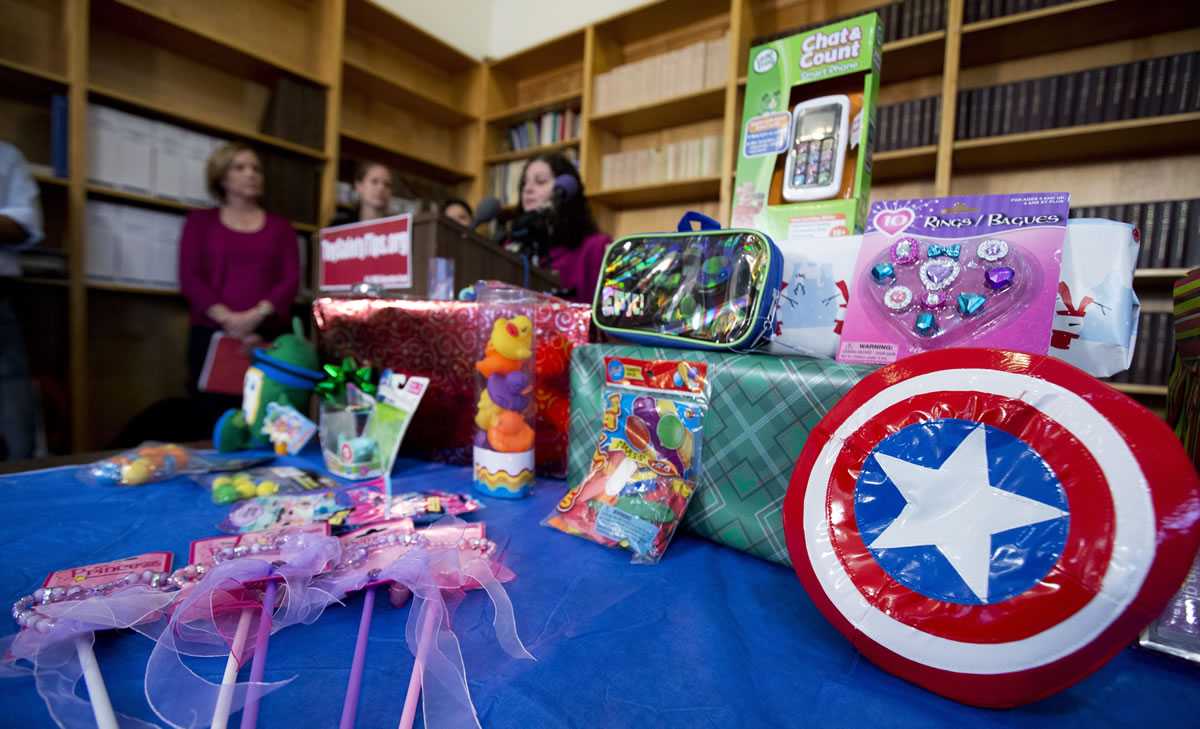 A toy Captain America shield is among items displayed at a Tuesday news conference in Washington on toys that are considered dangerous, according to U.S.