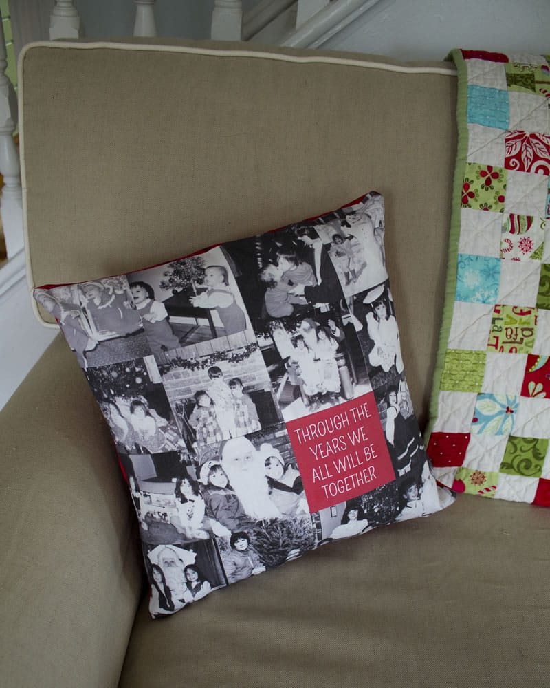 A pillow is decorated for the holidays.