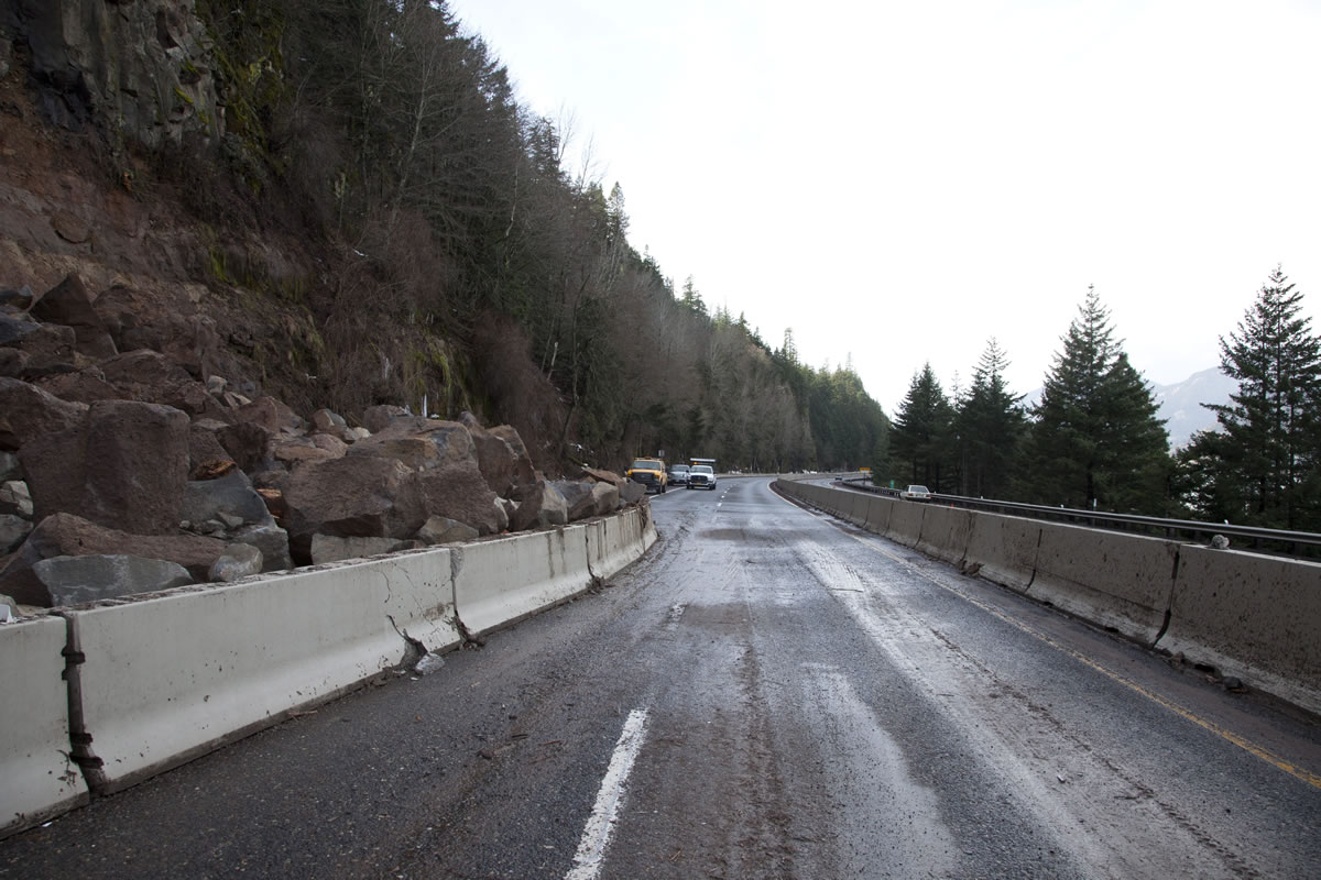 Traffic will crawl along Interstate 84 through the Columbia Gorge this weekend because of a landslide at a cliff near Hood River, Ore., state transportation officials said Thursday.