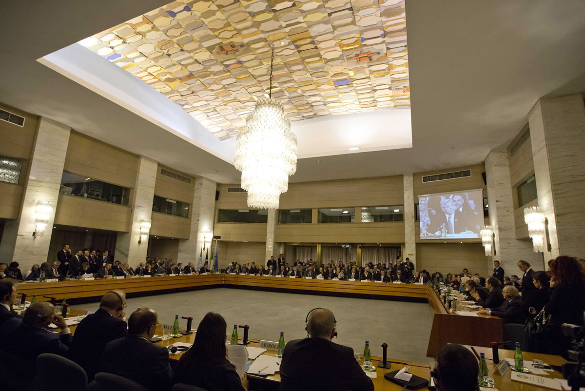 Delegates attend the Conference on International Support to Libya in Rome on Thursday. U.S.